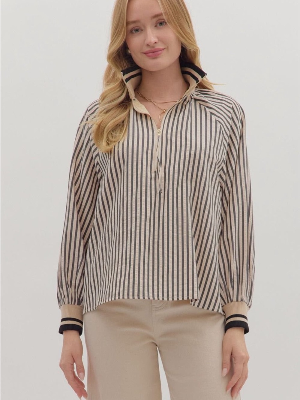 Entro Striped Half Zip Long Sleeve Pullover Top